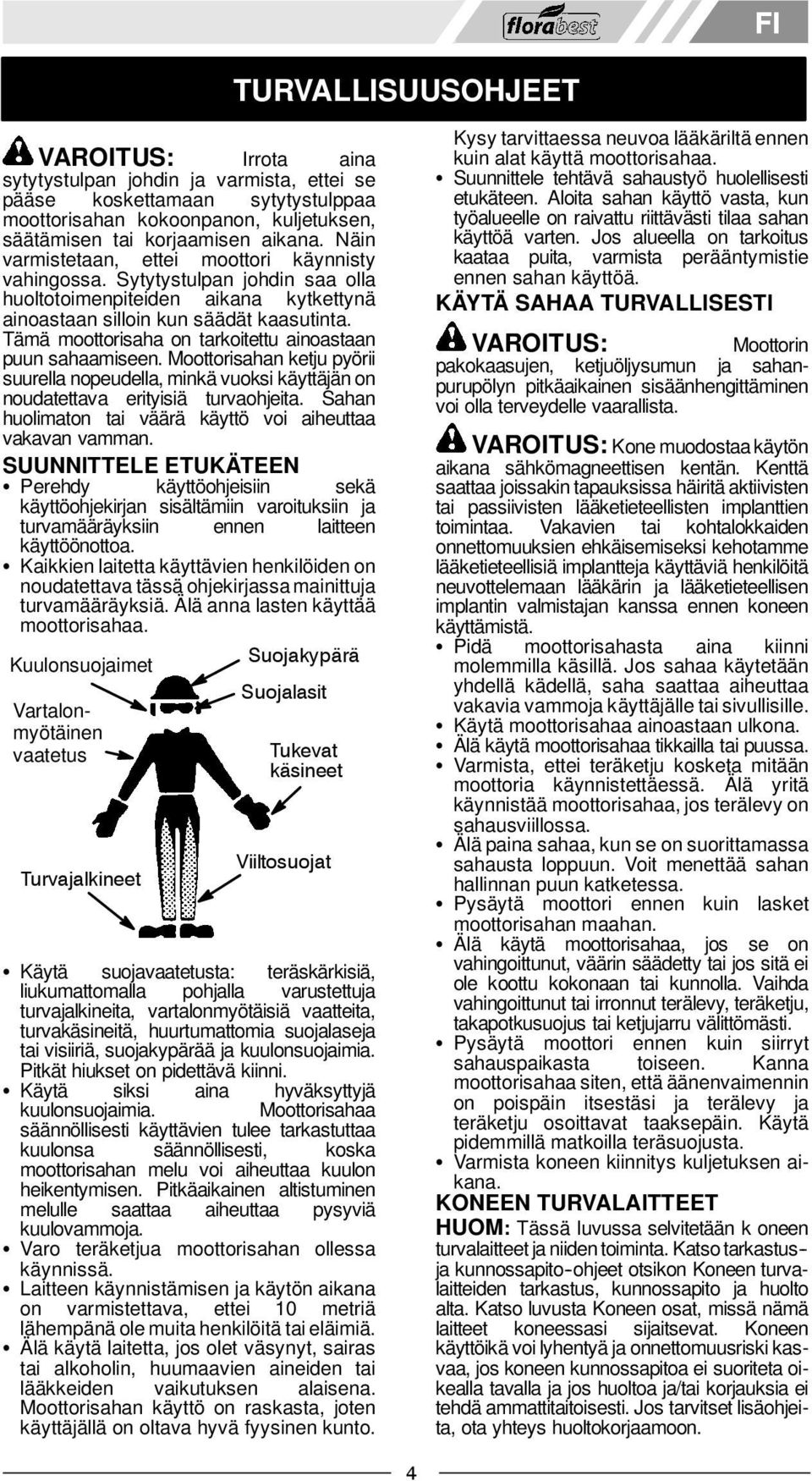 Tämä moottorisaha on tarkoitettu ainoastaan puun sahaamiseen. Moottorisahan ketju pyörii suurella nopeudella, minkä vuoksi käyttäjän on noudatettava erityisiä turvaohjeita.