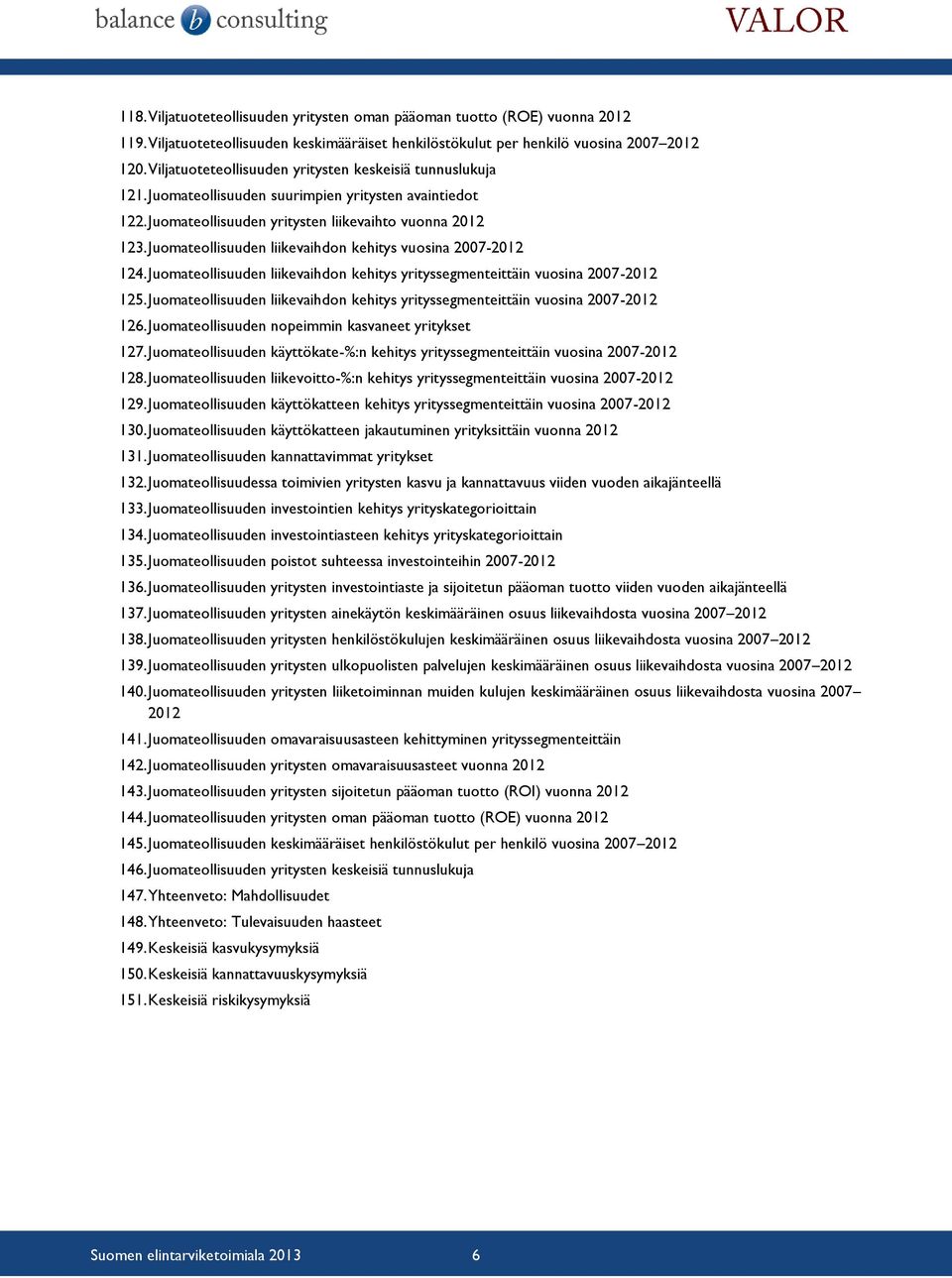 Juomateollisuuden liikevaihdon kehitys vuosina 2007-2012 124. Juomateollisuuden liikevaihdon kehitys yrityssegmenteittäin vuosina 2007-2012 125.