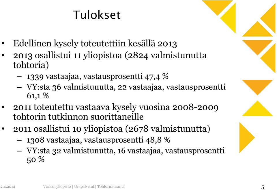 toteutettu vastaava kysely vuosina 2008-2009 tohtorin tutkinnon suorittaneille 2011 osallistui 10 yliopistoa