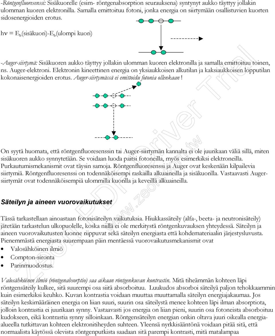 h = E b (sisäkuori)-e b (ulompi kuori) -Auger-siirtymä: Sisäkuoren aukko täyttyy jollakin ulomman kuoren elektronilla ja samalla emittoituu toinen, ns. Auger-elektroni.