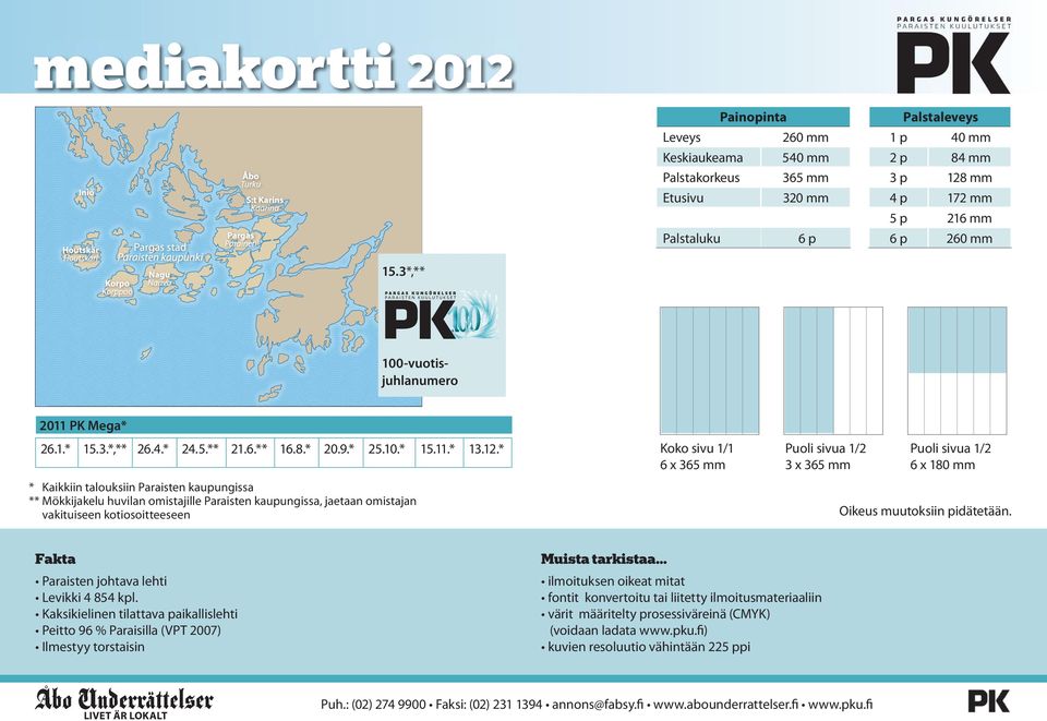 * * Kaikkiin talouksiin Paraisten kaupungissa ** Mökkijakelu huvilan omistajille Paraisten kaupungissa, jaetaan omistajan vakituiseen kotiosoitteeseen Koko sivu 1/1 6 x 365 mm Puoli sivua 1/2 3 x 365