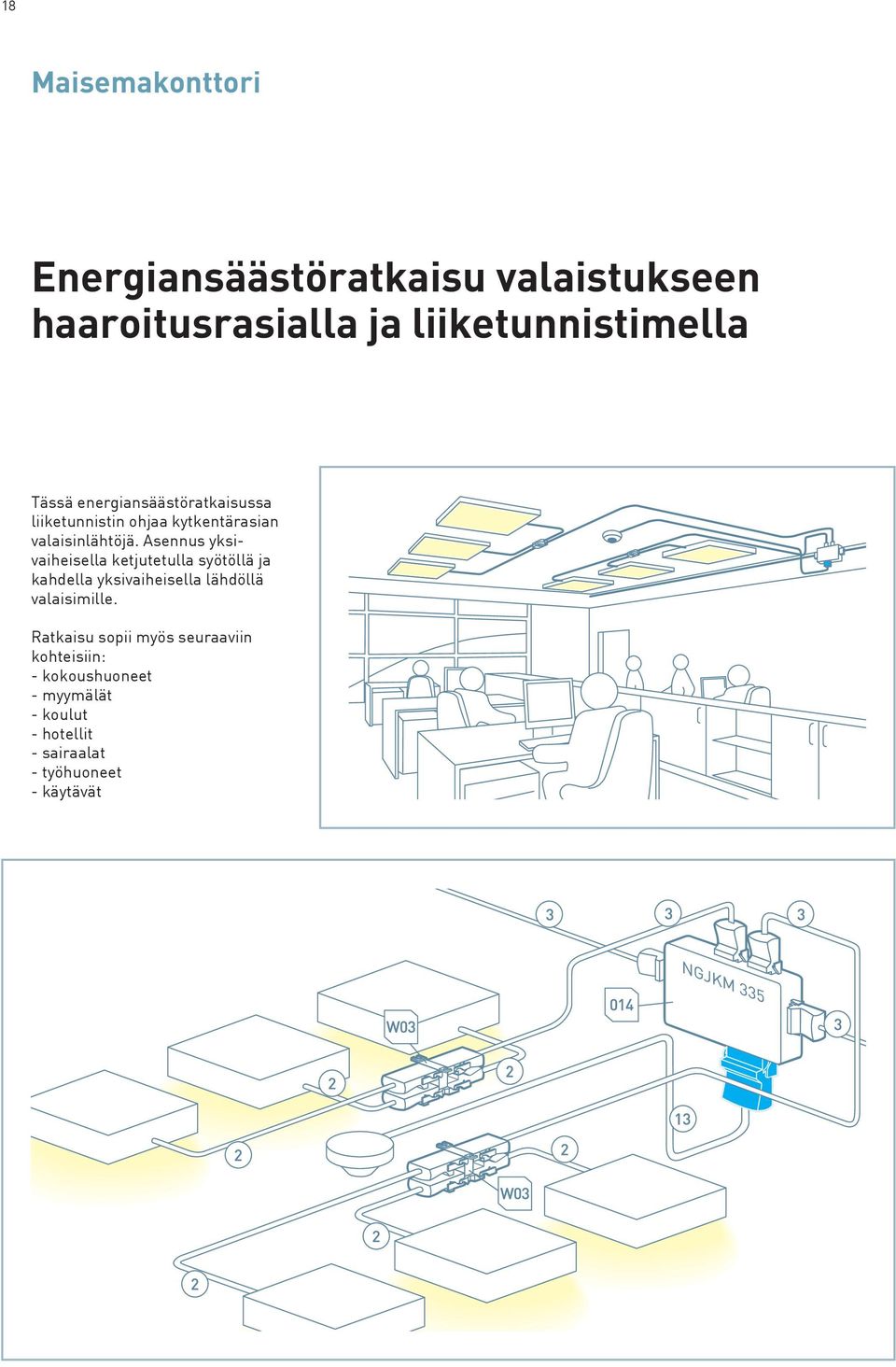 Asennus yksivaiheisella ketjutetulla syötöllä ja kahdella yksivaiheisella lähdöllä valaisimille.