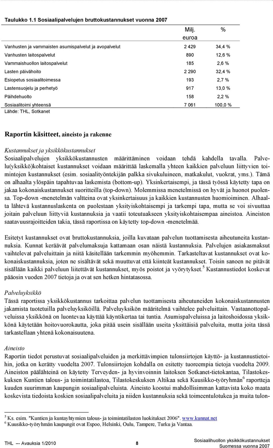 sosiaalitoimessa 193 2,7 % Lastensuojelu ja perhetyö 917 13,0 % Päihdehuolto 158 2,2 % Sosiaalitoimi yhteensä 7 061 100,0 % Lähde: THL, Sotkanet % Raportin käsitteet, aineisto ja rakenne Kustannukset