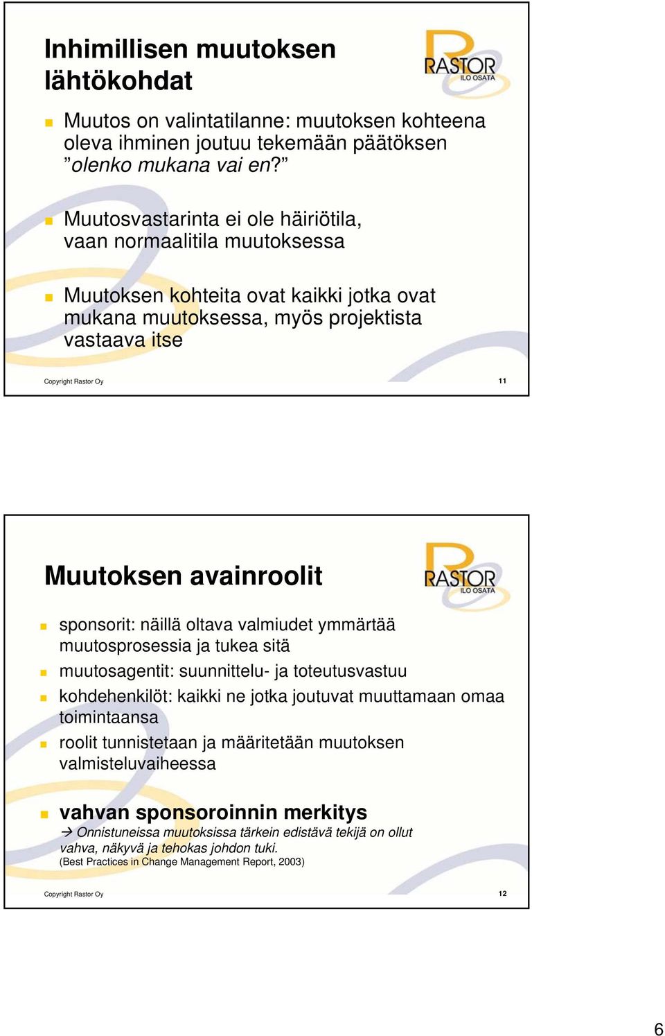 avainroolit sponsorit: näillä oltava valmiudet ymmärtää muutosprosessia ja tukea sitä muutosagentit: suunnittelu- ja toteutusvastuu kohdehenkilöt: kaikki ne jotka joutuvat muuttamaan omaa