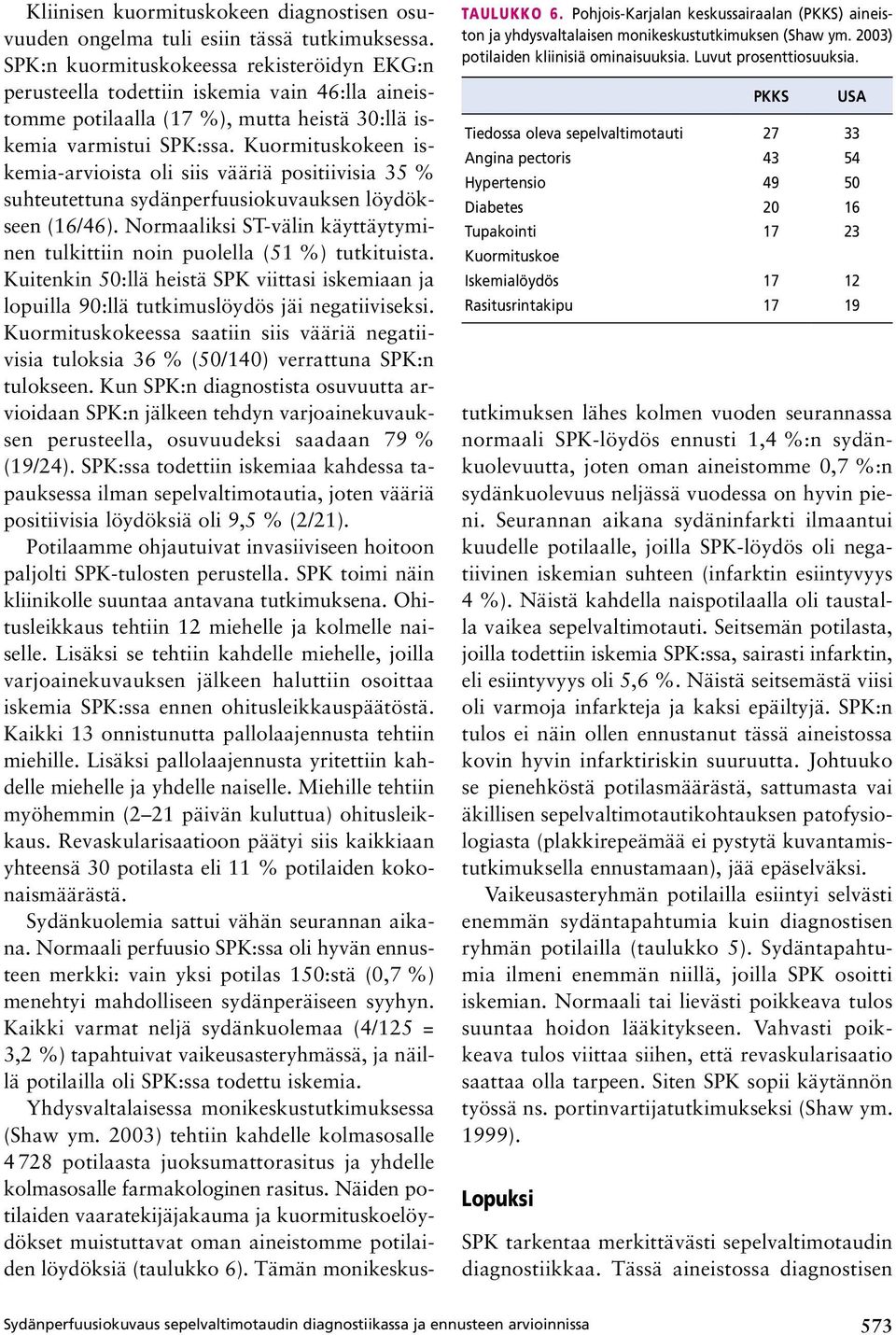 SPK:n kuormituskokeessa rekisteröidyn EKG:n perusteella todettiin iskemia vain 46:lla aineistomme potilaalla (17 %), mutta heistä 30:llä iskemia varmistui SPK:ssa.