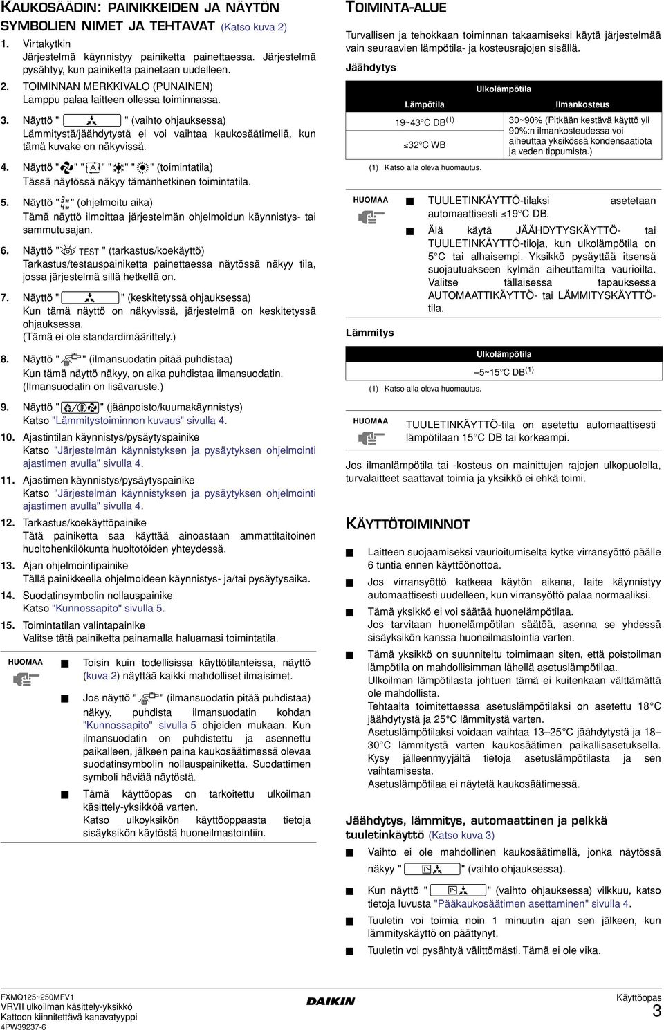 Näyttö " " " " " " " " (toimintatila) Tässä näytössä näkyy tämänhetkinen toimintatila. 5. Näyttö " " (ohjelmoitu aika) Tämä näyttö ilmoittaa järjestelmän ohjelmoidun käynnistys- tai sammutusajan. 6.