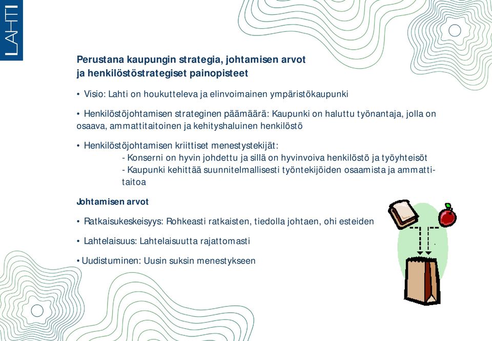 kriittiset menestystekijät: - Konserni on hyvin johdettu ja sillä on hyvinvoiva henkilöstö ja työyhteisöt - Kaupunki kehittää suunnitelmallisesti työntekijöiden