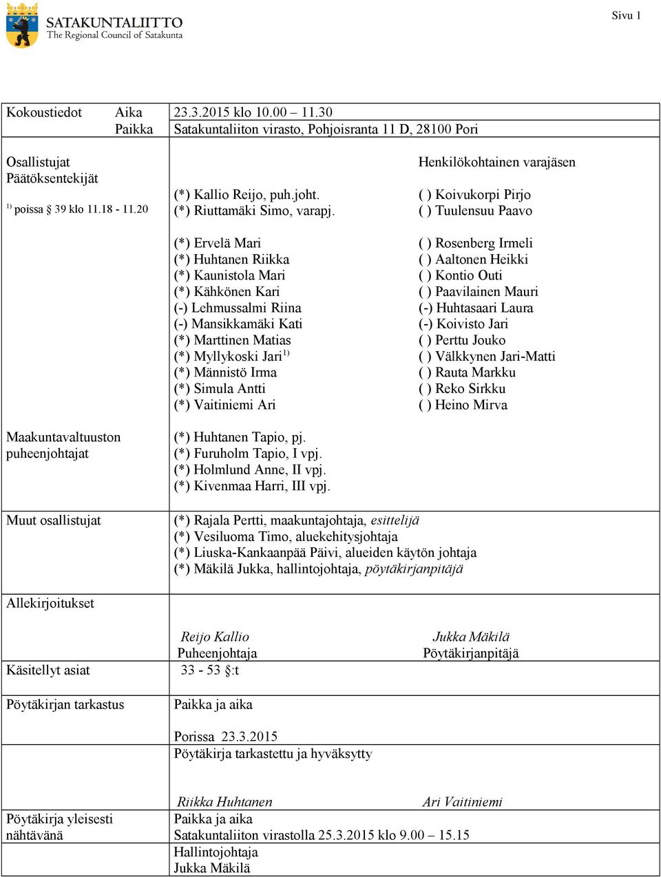 (*) Ervelä Mari (*) Huhtanen Riikka (*) Kaunistola Mari (*) Kähkönen Kari (-) Lehmussalmi Riina (-) Mansikkamäki Kati (*) Marttinen Matias (*) Myllykoski Jari 1) (*) Männistö Irma (*) Simula Antti