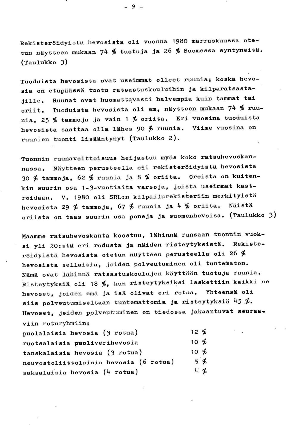 Tuoduista hevosista oli em, näytteen mukaan 74 % ruunia, 25 % tammoja ja vain 1 % oriita. Eri vuosina tuoduista hevosista saattaa olla lähes 9 % ruunia.