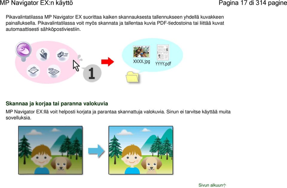 Pikavalintatilassa voit myös skannata ja tallentaa kuvia PDF-tiedostoina tai liittää kuvat automaattisesti