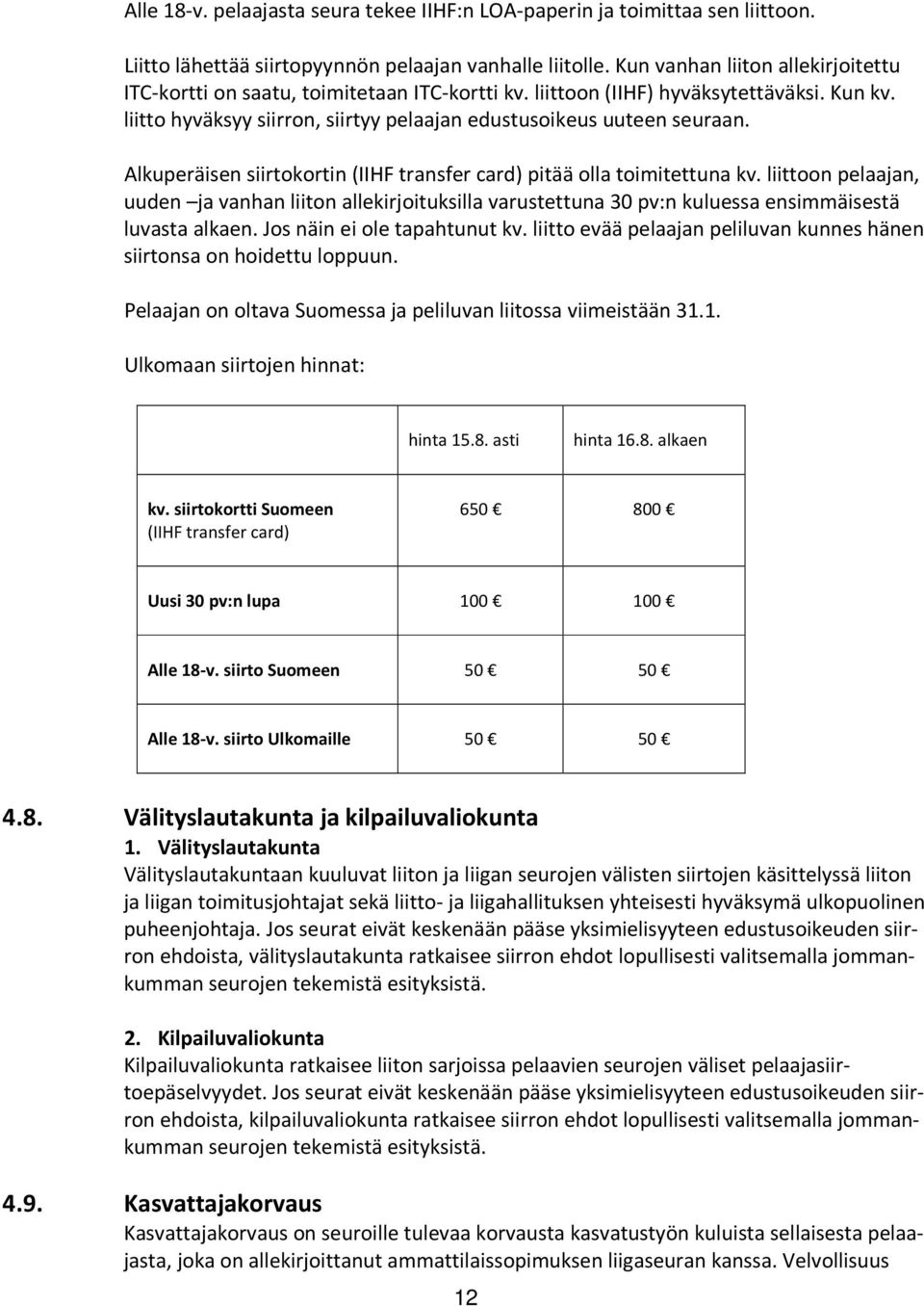 Alkuperäisen siirtokortin (IIHF transfer card) pitää olla toimitettuna kv. liittoon pelaajan, uuden ja vanhan liiton allekirjoituksilla varustettuna 30 pv:n kuluessa ensimmäisestä luvasta alkaen.