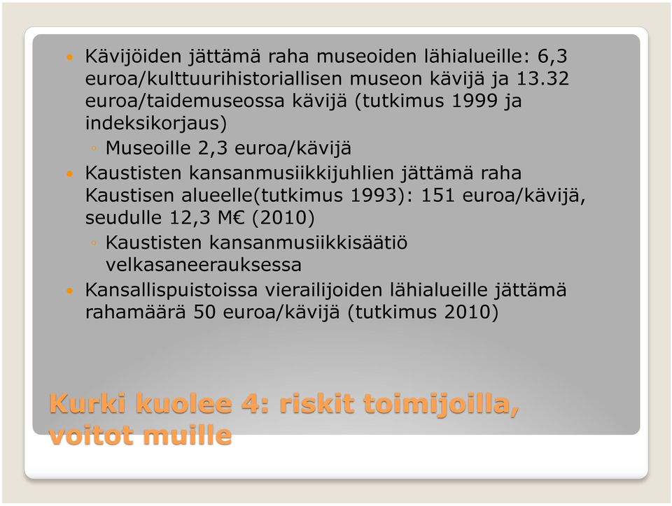 kansanmusiikkijuhlien jättämä raha Kaustisen alueelle(tutkimus 1993): 151 euroa/kävijä, seudulle 12,3 M (2010)