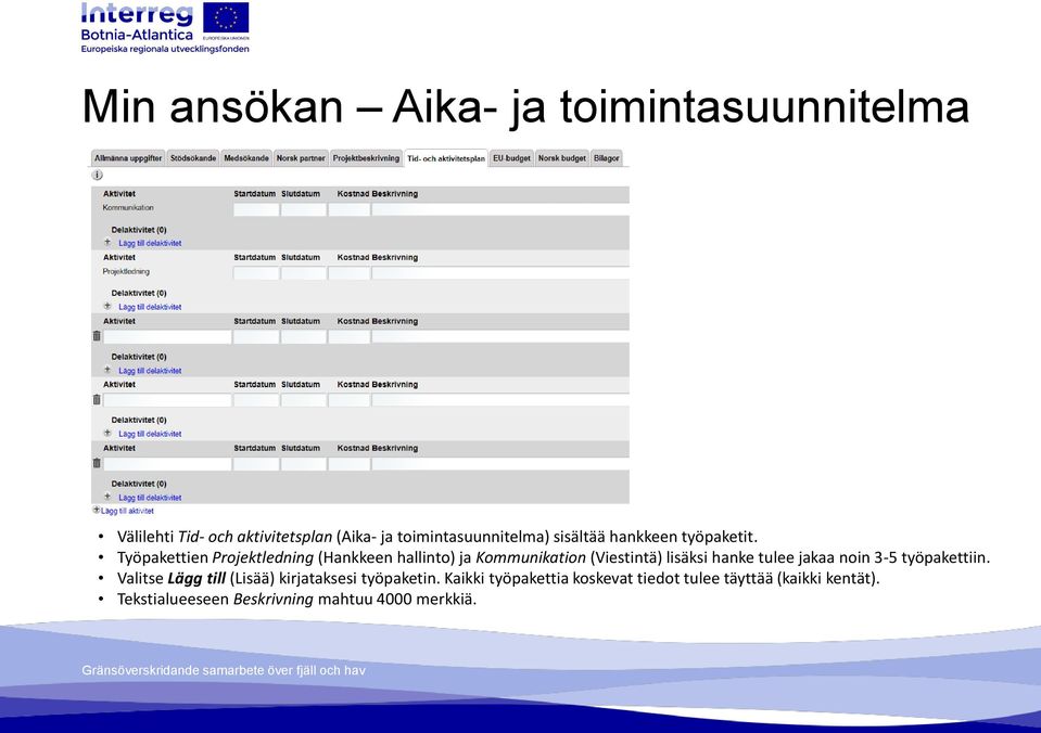 Työpakettien Projektledning (Hankkeen hallinto) ja Kommunikation (Viestintä) lisäksi hanke tulee jakaa