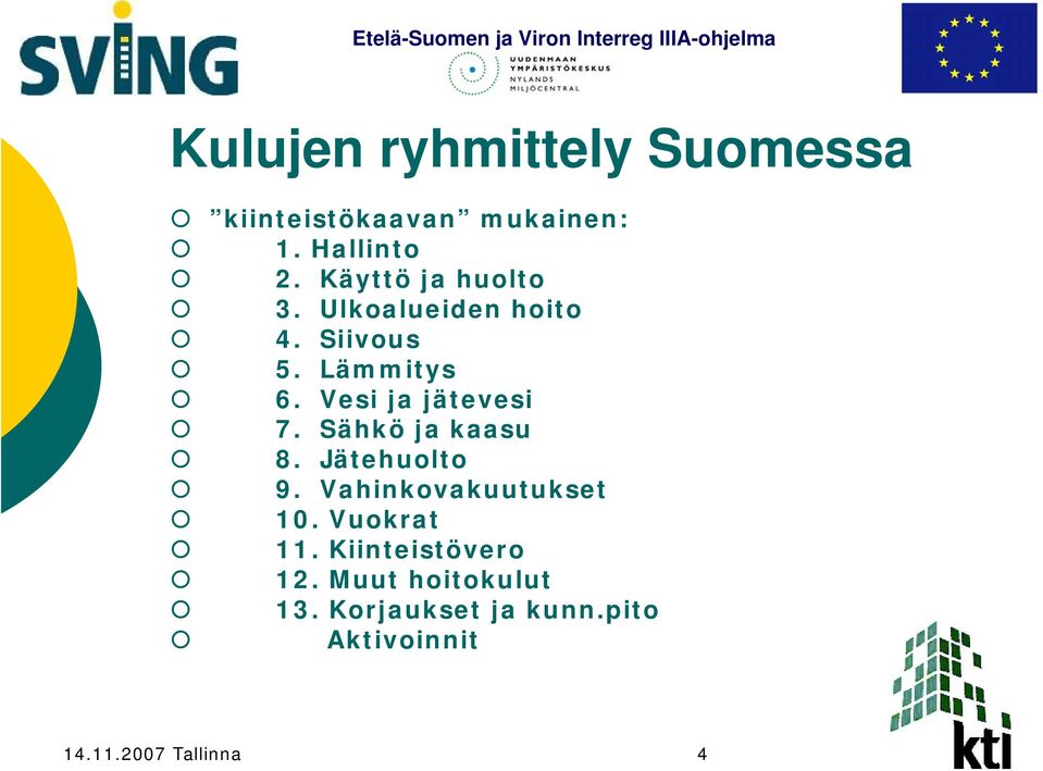 Vesi ja jätevesi 7. Sähkö ja kaasu 8. Jätehuolto 9. Vahinkovakuutukset 10.