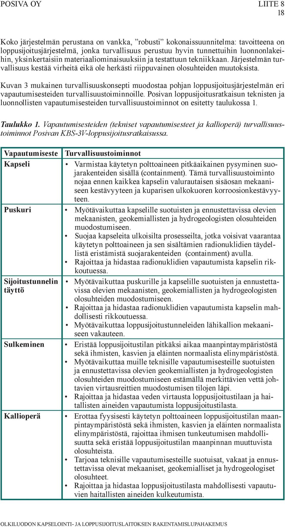 Kuvan 3 mukainen turvallisuuskonsepti muodostaa pohjan loppusijoitusjärjestelmän eri vapautumisesteiden turvallisuustoiminnoille.