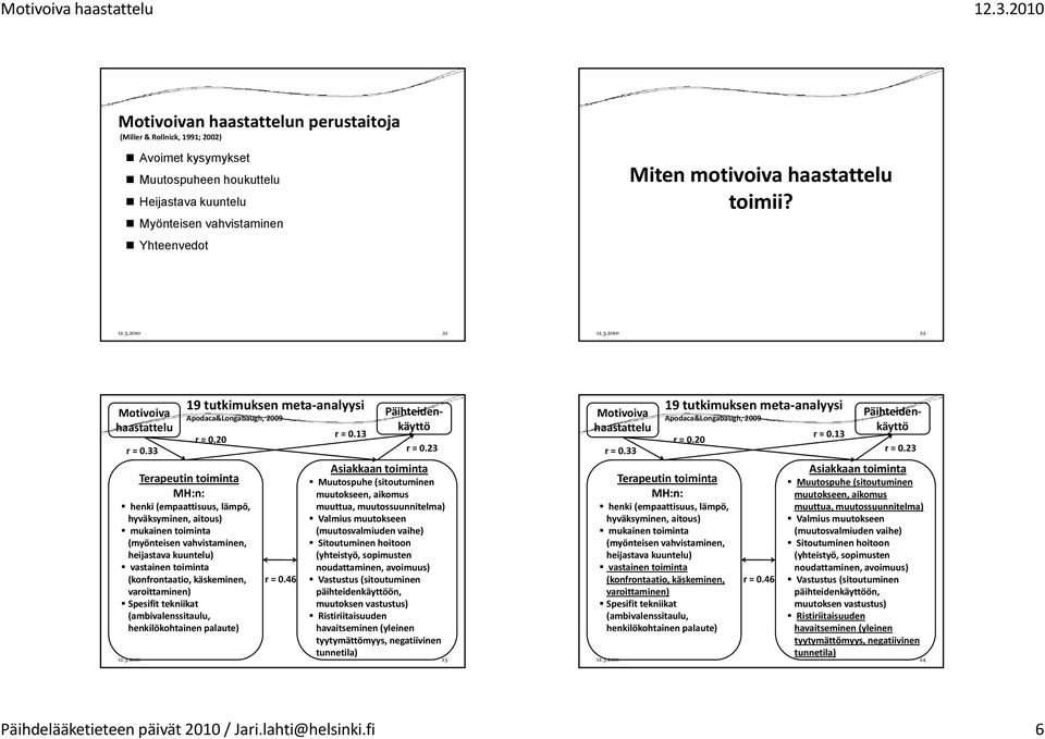 20 Terapeutin toiminta MH:n: henki (empaattisuus, lämpö, hyväksyminen, aitous) mukainen toiminta (myönteisen vahvistaminen, heijastava kuuntelu) vastainen toiminta (konfrontaatio, ti käskeminen, k