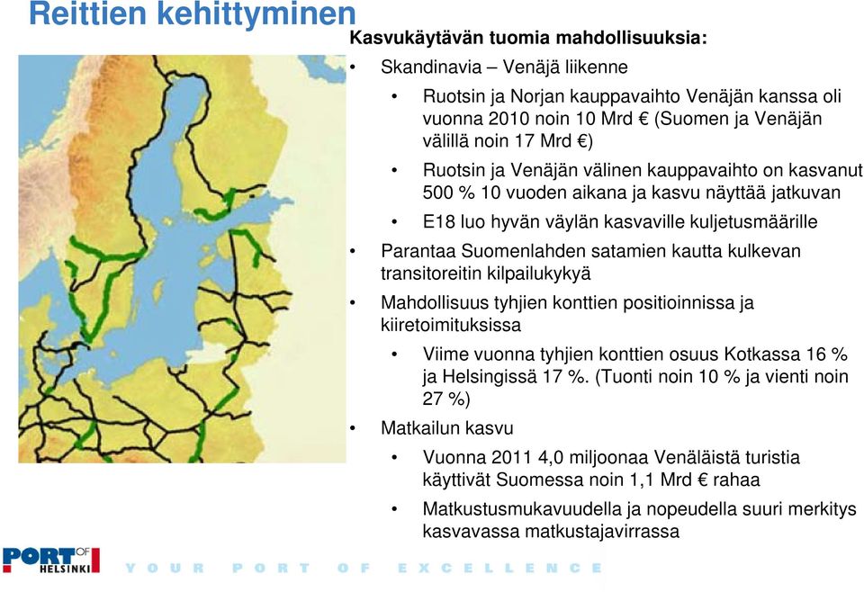 kulkevan transitoreitin kilpailukykyä Mahdollisuus tyhjien konttien positioinnissa ja kiiretoimituksissa Viime vuonna tyhjien konttien osuus Kotkassa 16 % ja Helsingissä 17 %.