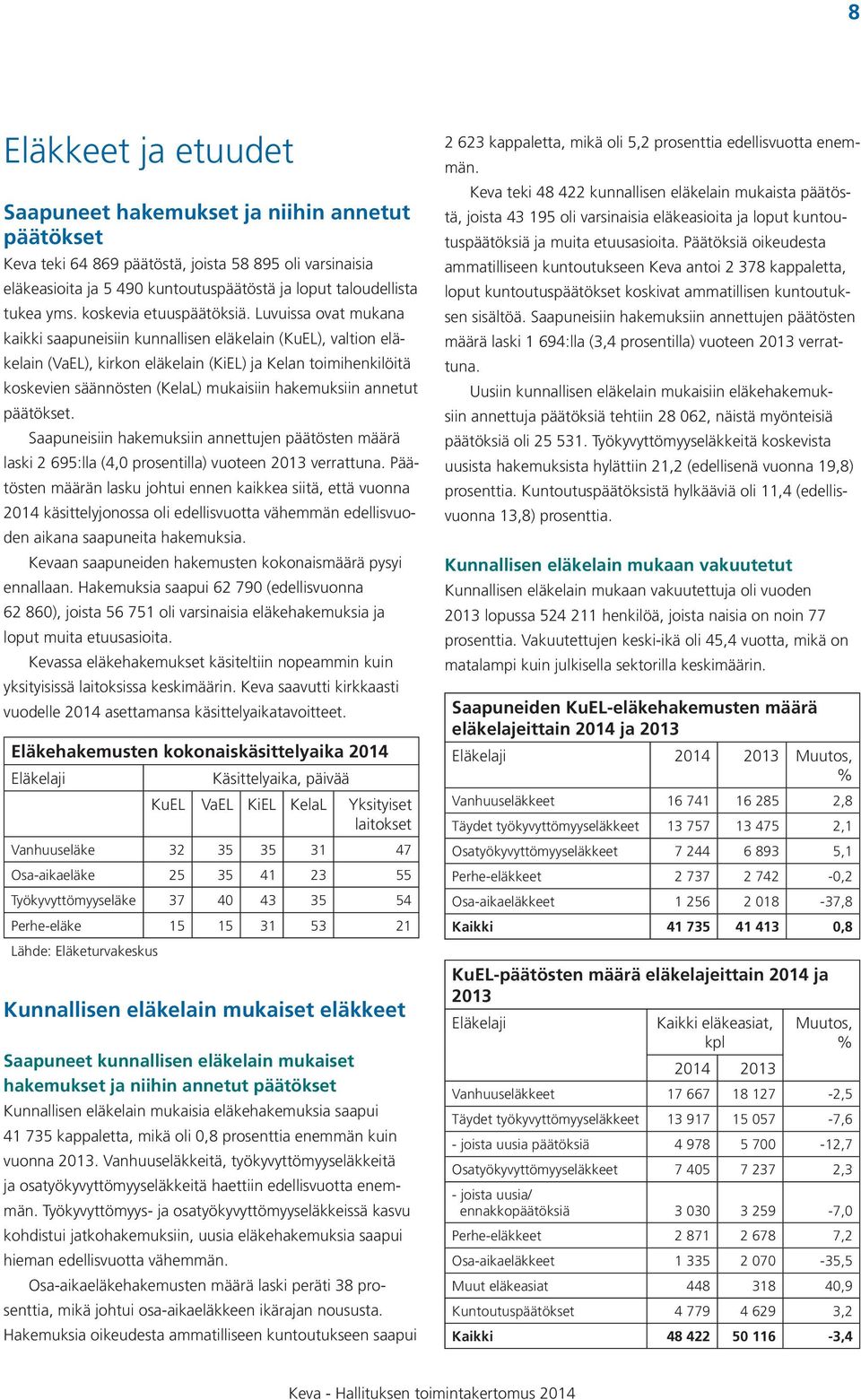 Luvuissa ovat mukana kaikki saapuneisiin kunnallisen eläkelain (KuEL), valtion eläkelain (VaEL), kirkon eläkelain (KiEL) ja Kelan toimihenkilöitä koskevien säännösten (KelaL) mukaisiin hakemuksiin