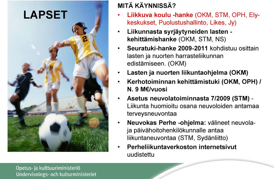 Seuratuki-hanke 2009-2011 kohdistuu osittain lasten ja nuorten harrasteliikunnan edistämiseen.