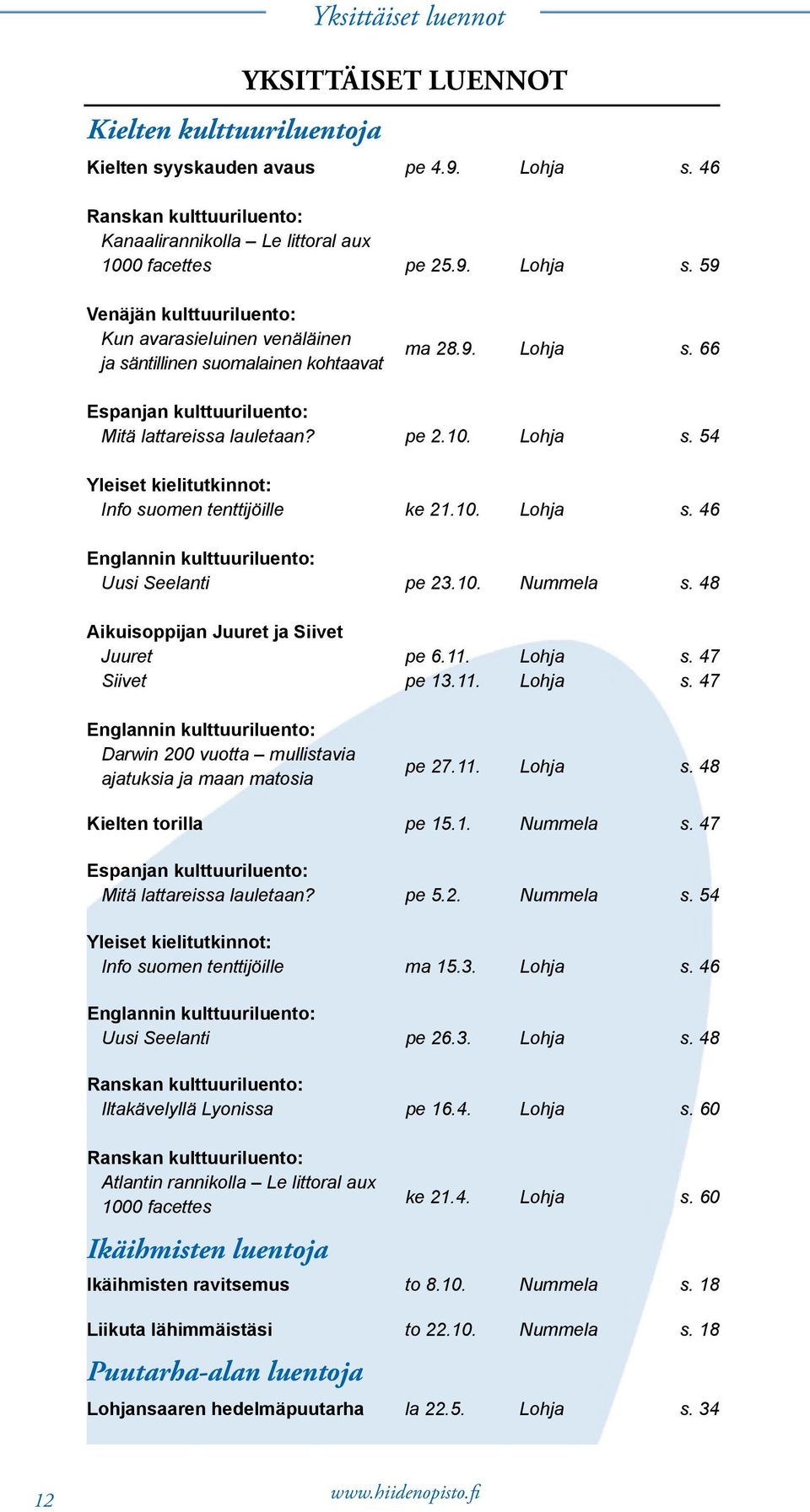 pe 2.10. Lohja s. 54 Yleiset kielitutkinnot: Info suomen tenttijöille ke 21.10. Lohja s. 46 Englannin kulttuuriluento: Uusi Seelanti pe 23.10. Nummela s. 48 Aikuisoppijan Juuret ja Siivet Juuret pe 6.