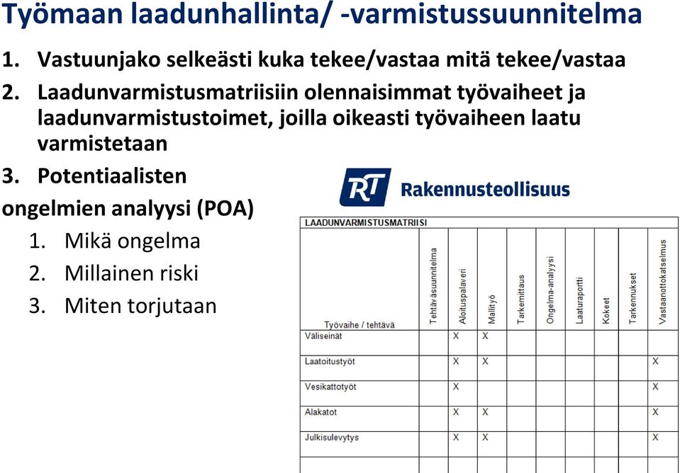 Laadunvarmistusmatriisiin olennaisimmat työvaiheet ja laadunvarmistustoimet,