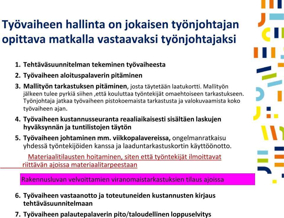 Työnjohtaja jatkaa työvaiheen pistokoemaista tarkastusta ja valokuvaamista koko työvaiheen ajan. 4.