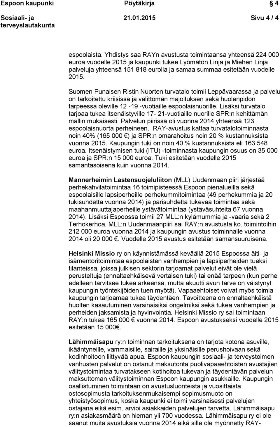 2015. Suomen Punaisen Ristin Nuorten turvatalo toimii Leppävaarassa ja palvelu on tarkoitettu kriisissä ja välittömän majoituksen sekä huolenpidon tarpeessa oleville 12-19 -vuotiaille