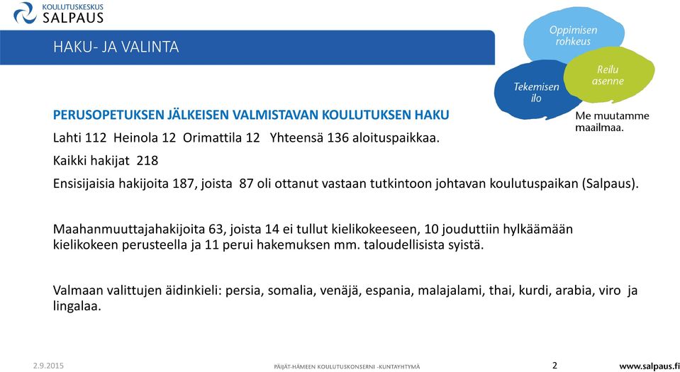 Maahanmuuttajahakijoita 63, joista 14 ei tullut kielikokeeseen, 10 jouduttiin hylkäämään kielikokeen perusteella ja 11 perui hakemuksen