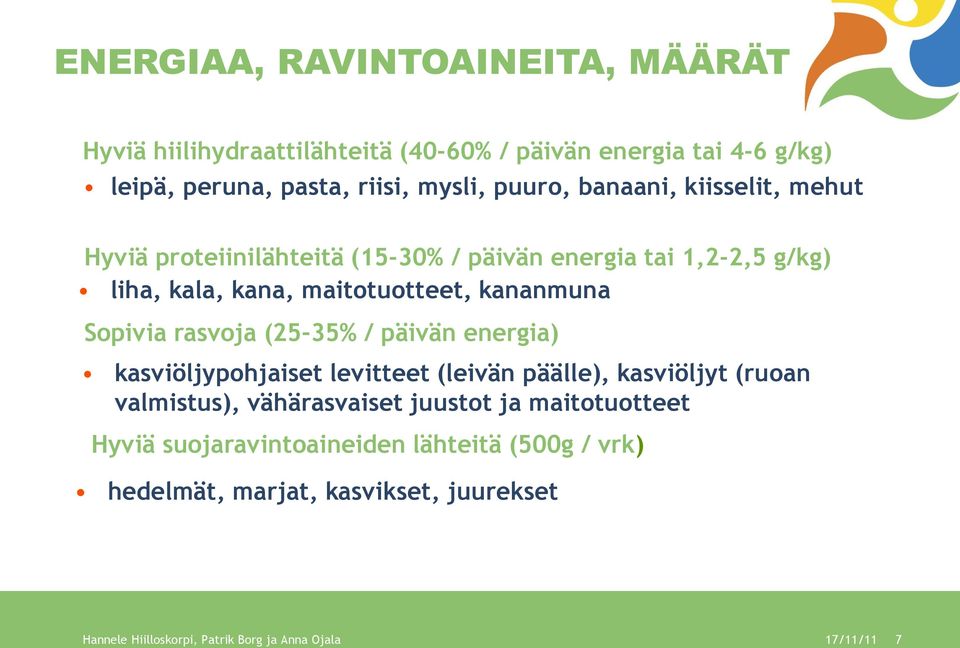 rasvoja (25-35% / päivän energia) kasviöljypohjaiset levitteet (leivän päälle), kasviöljyt (ruoan valmistus), vähärasvaiset juustot ja