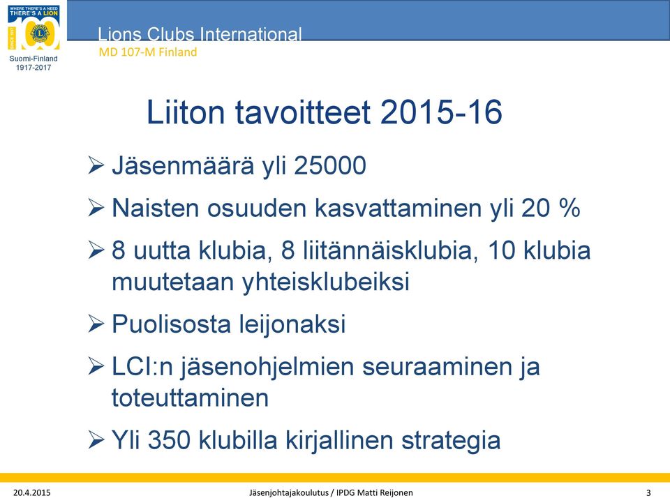 Puolisosta leijonaksi LCI:n jäsenohjelmien seuraaminen ja toteuttaminen Yli 350