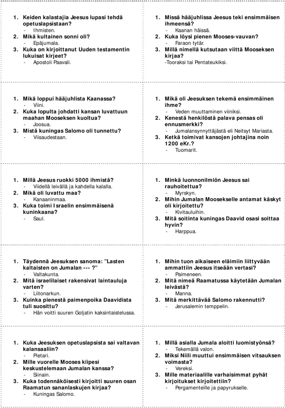Mikä loppui hääjuhlista Kaanassa? Viini. 2. Kuka lopulta johdatti kansan luvattuun maahan Mooseksen kuoltua? Joosua. 3. Mistä kuningas Salomo oli tunnettu? Viisaudestaan. 1.