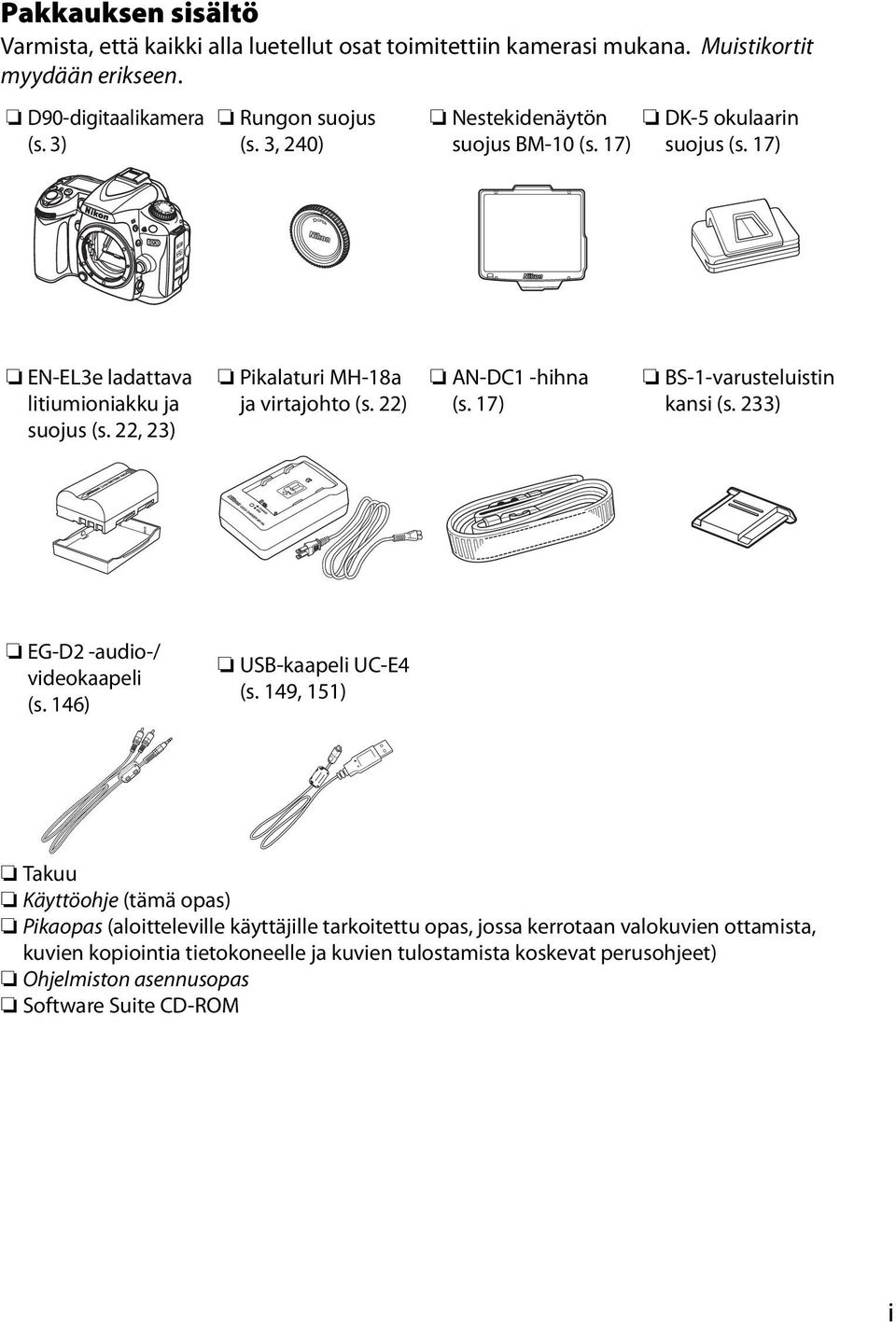 22) AN-DC1 -hihna (s. 17) BS-1-varusteluistin kansi (s. 233) EG-D2 -audio-/ videokaapeli (s. 146) USB-kaapeli UC-E4 (s.