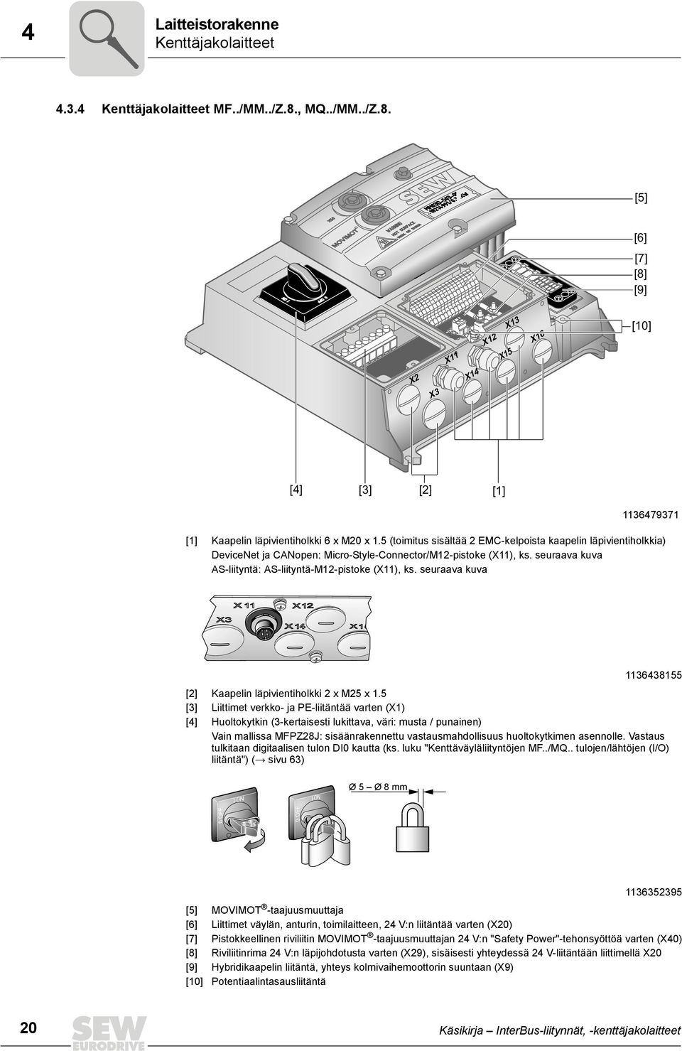 5 (toimitus sisältää 2 EMC-kelpoista kaapelin läpivientiholkkia) DeviceNet ja CANopen: Micro-Style-Connector/M12-pistoke (X11), ks. seuraava kuva AS-liityntä: AS-liityntä-M12-pistoke (X11), ks.