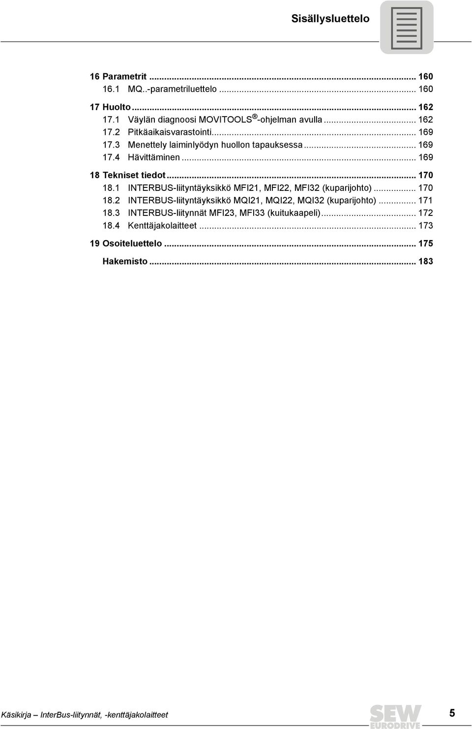 1 INTERBUS-liityntäyksikkö MFI21, MFI22, MFI32 (kuparijohto)... 170 18.2 INTERBUS-liityntäyksikkö MQI21, MQI22, MQI32 (kuparijohto)... 171 18.