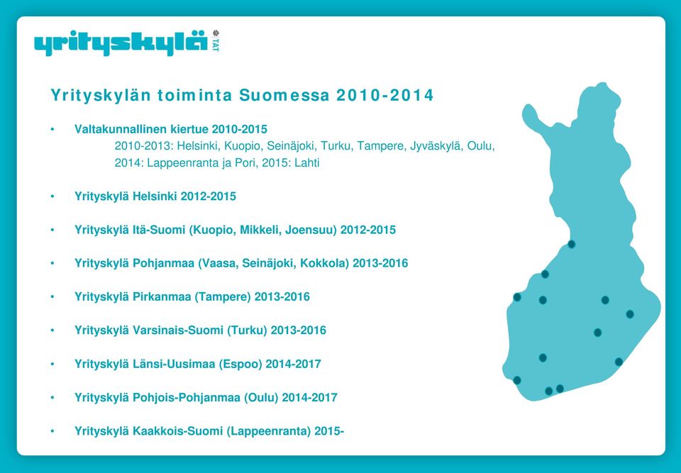 2012-2015 Yrityskylä Pohjanmaa (Vaasa, Seinäjoki, Kokkola) 2013-2016 Yrityskylä Pirkanmaa (Tampere) 2013-2016 Yrityskylä Varsinais-Suomi