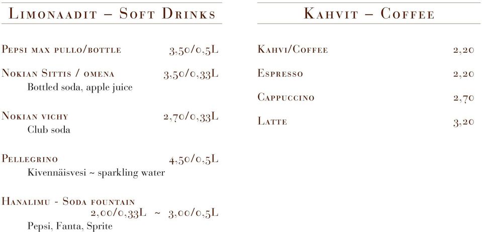 Kahvi/Coffee 2,20 Espresso 2,20 Cappuccino 2,70 Latte 3,20 Pellegrino Kivennäisvesi ~