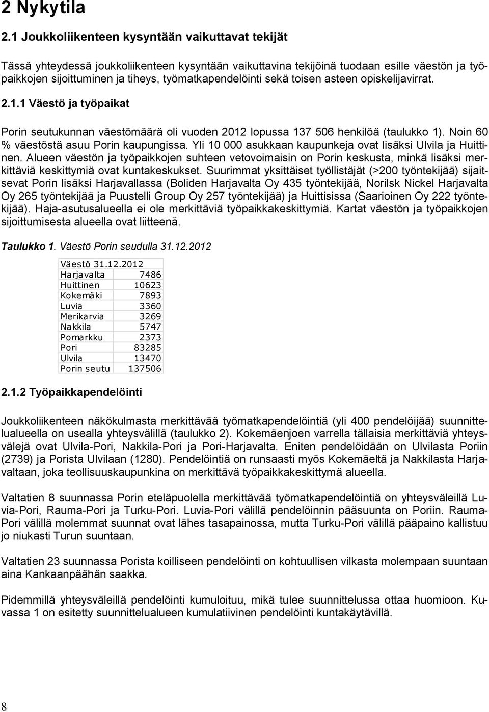 sekä toisen asteen opiskelijavirrat. 2.1.1 Väestö ja työpaikat Porin seutukunnan väestömäärä oli vuoden 2012 lopussa 137 506 henkilöä (taulukko 1). Noin 60 % väestöstä asuu Porin kaupungissa.