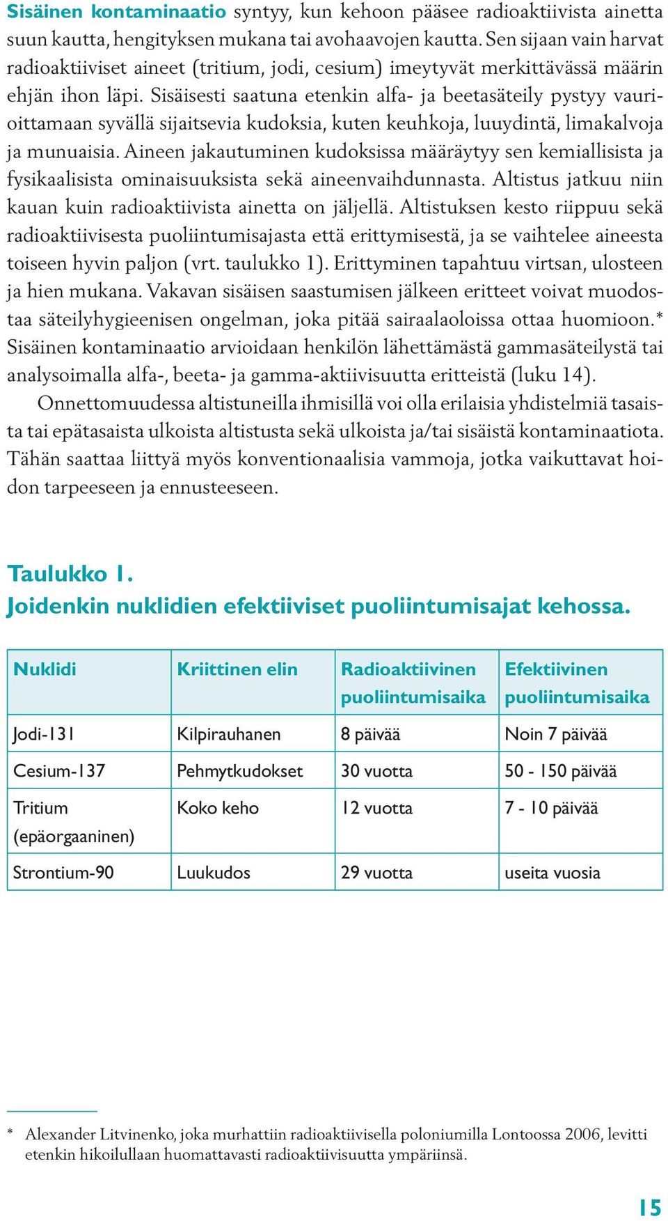 Sisäisesti saatuna etenkin alfa- ja beetasäteily pystyy vaurioittamaan syvällä sijaitsevia kudoksia, kuten keuhkoja, luuydintä, limakalvoja ja munuaisia.