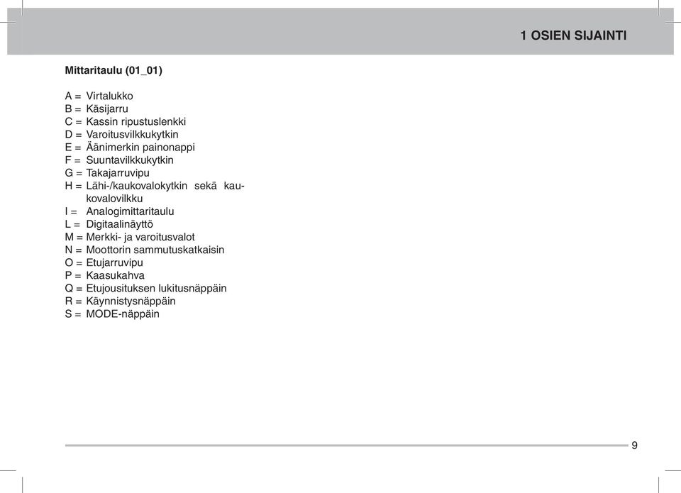 Lähi-/kaukovalokytkin sekä kaukovalovilkku I = Analogimittaritaulu L = Digitaalinäyttö M = Merkki- ja