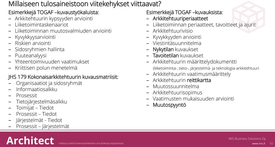 Puuteanalyysi Yhteentoimivuuden vaatimukset Kriittisen polun menetelmä JHS 179 Kokonaisarkkitehtuurin kuvausmatriisit: Organisaatiot ja sidosryhmät Informaatiosalkku Prosessit Tietojärjestelmäsalkku