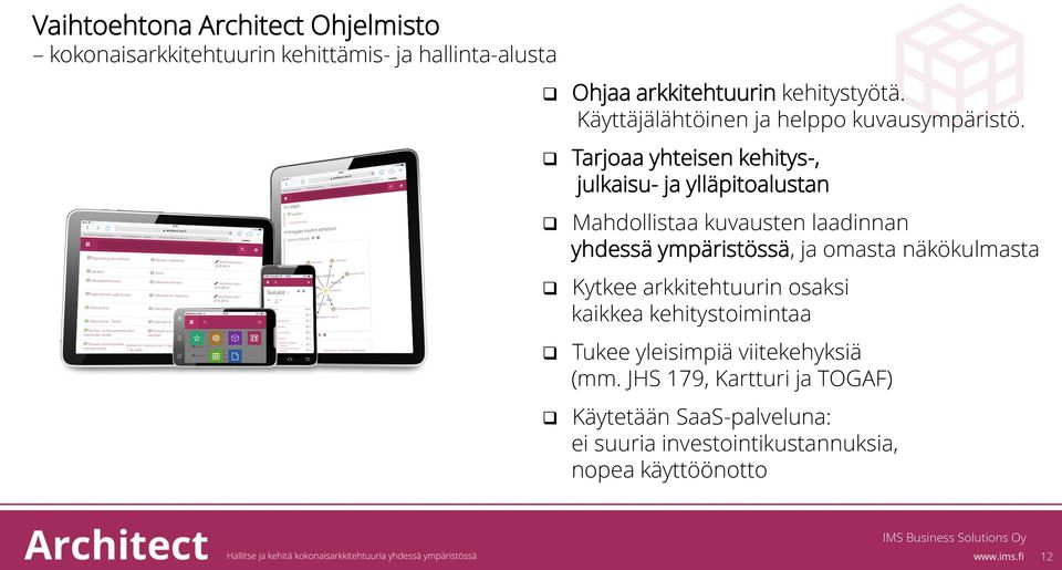 Tarjoaa yhteisen kehitys-, julkaisu- ja ylläpitoalustan Mahdollistaa kuvausten laadinnan yhdessä ympäristössä, ja omasta näkökulmasta