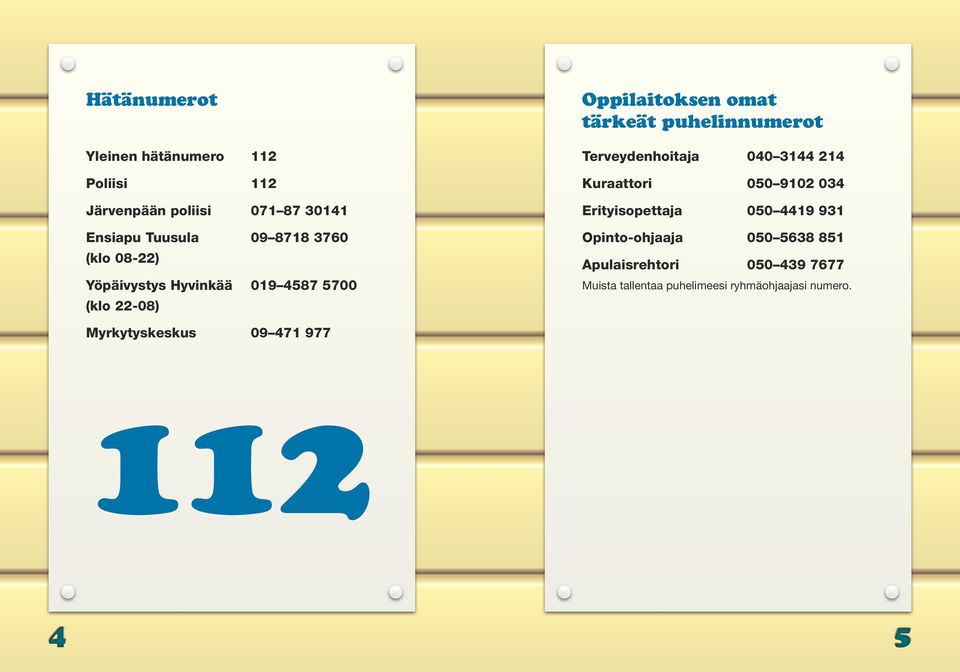 Terveydenhoitaja 040 3144 214 Kuraattori 050 9102 034 Erityisopettaja 050 4419 931 Opinto-ohjaaja 050 5638