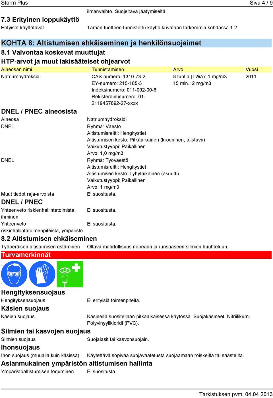 1 Valvontaa koskevat muuttujat HTP-arvot ja muut lakisääteiset ohjearvot n nimi Tunnistaminen Arvo Vuosi CAS-numero: 1310-73-2 EY-numero: 215-185-5 Indeksinumero: 011-002-00-6 Rekisteröintinumero: