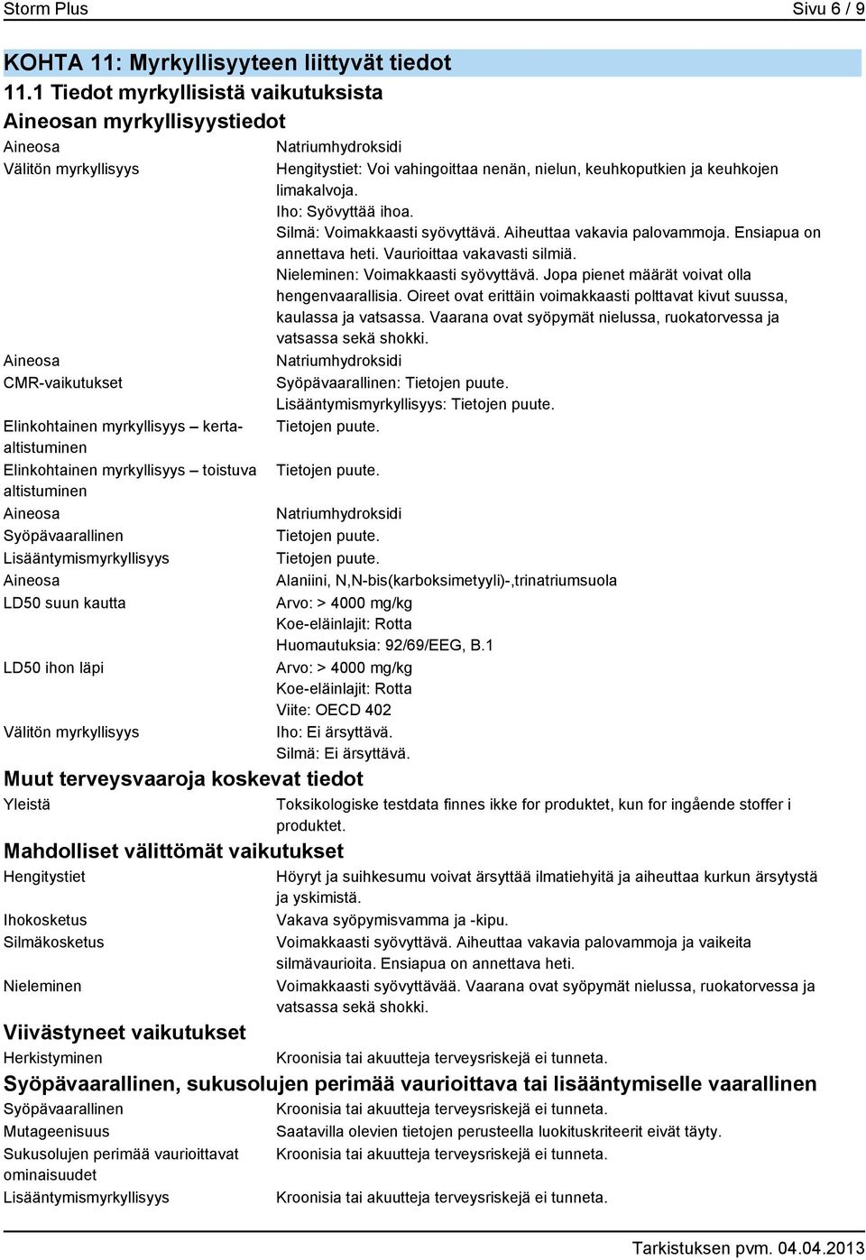 Syöpävaarallinen Lisääntymismyrkyllisyys LD50 suun kautta LD50 ihon läpi Välitön myrkyllisyys Hengitystiet: Voi vahingoittaa nenän, nielun, keuhkoputkien ja keuhkojen limakalvoja. Iho: Syövyttää ihoa.