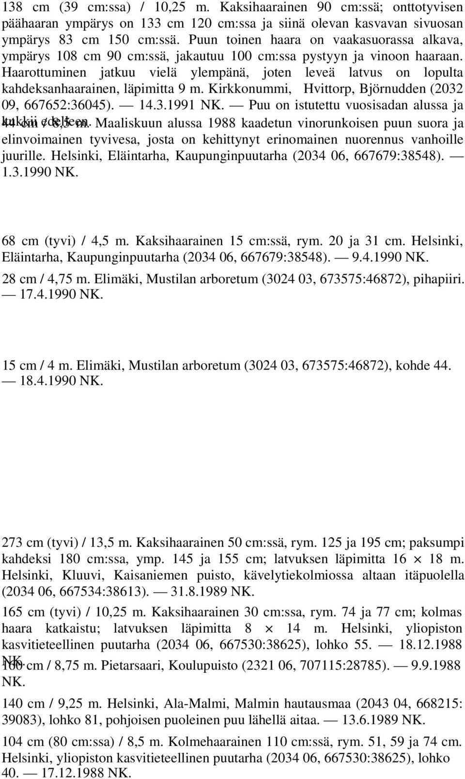 Haarottuminen jatkuu vielä ylempänä, joten leveä latvus on lopulta kahdeksanhaarainen, läpimitta 9 m. Kirkkonummi, Hvittorp, Björnudden (2032 09, 667652:36045). 14.3.1991 NK.