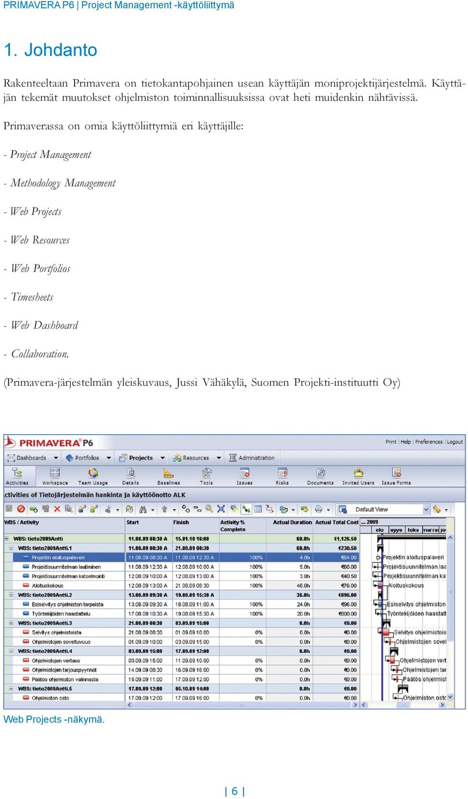 Primaverassa on omia käyttöliittymiä eri käyttäjille: - Project Management - Methodology Management - Web Projects - Web
