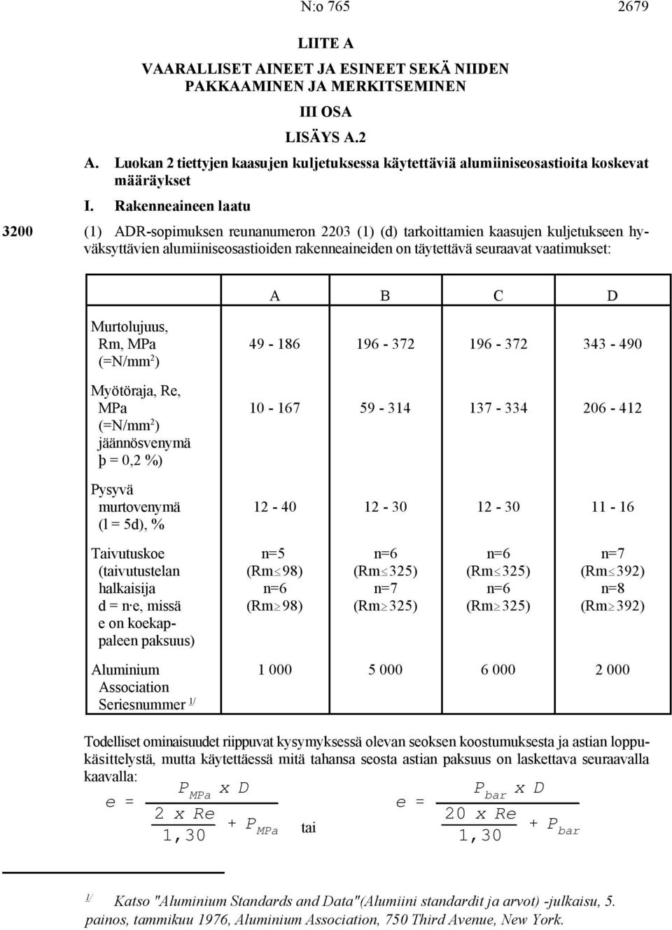 Rakenneaineen laatu 3200 (1) ADR-sopimuksen reunanumeron 2203 (1) (d) tarkoittamien kaasujen kuljetukseen hyväksyttävien alumiiniseosastioiden rakenneaineiden on täytettävä seuraavat vaatimukset: e '