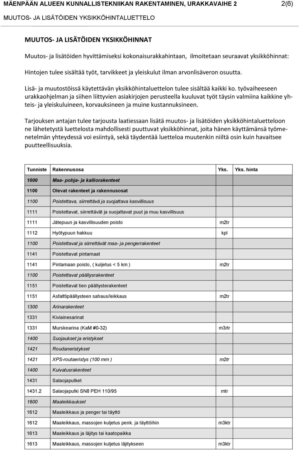 työvaiheeseen urakkaohjelman ja siihen liittyvien asiakirjojen perusteella kuuluvat työt täysin valmiina kaikkine yhteis- ja yleiskuluineen, korvauksineen ja muine kustannuksineen.