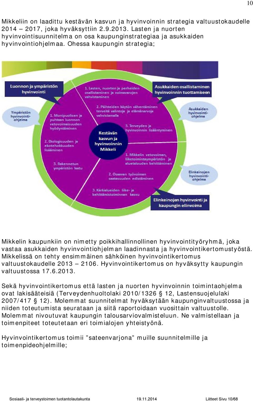 Ohessa kaupungin strategia; Mikkelin kaupunkiin on nimetty poikkihallinnollinen hyvinvointityöryhmä, joka vastaa asukkaiden hyvinvointiohjelman laadinnasta ja hyvinvointikertomustyöstä.