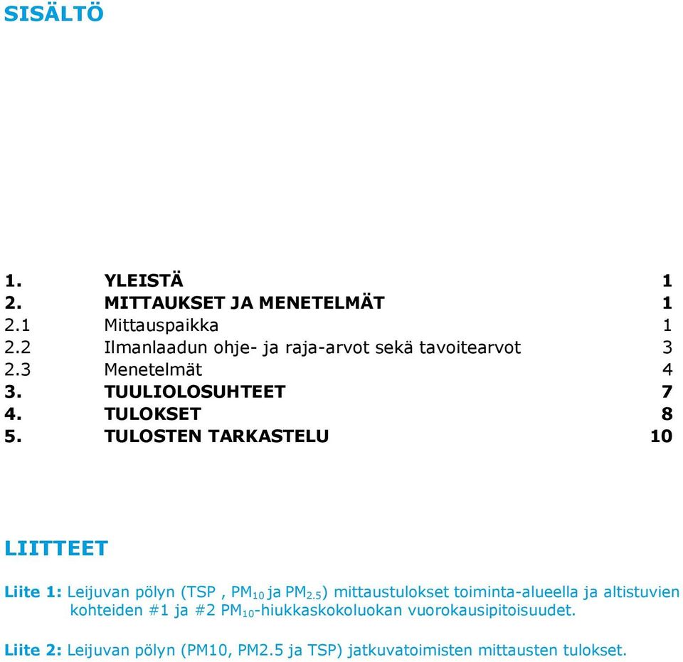 TULOSTEN TARKASTELU 10 LIITTEET Liite 1: Leijuvan pölyn (TSP, PM 10 ja PM 2.